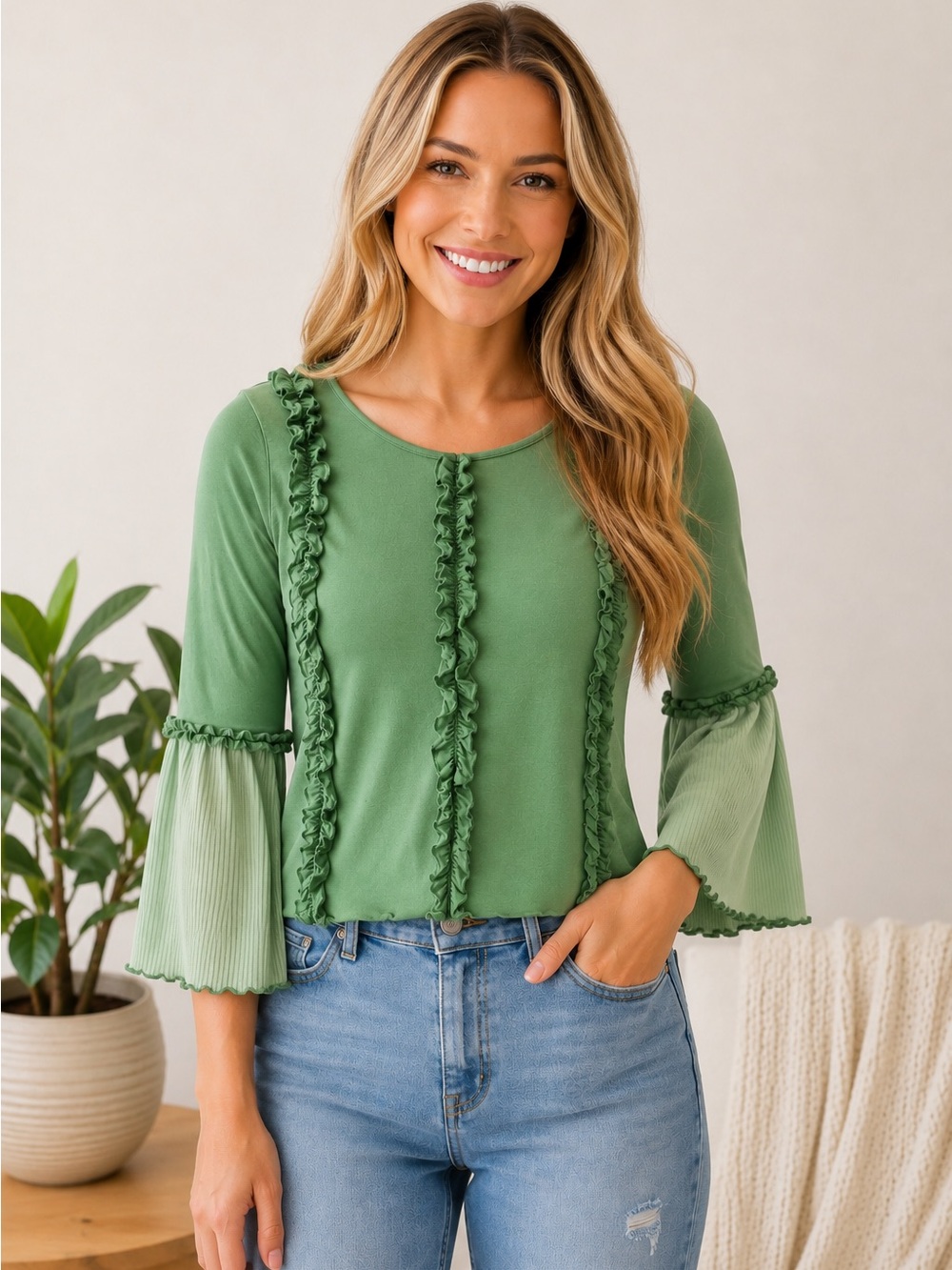 POL Womens Green Ruffle Blouse Sz Large Long Bell Sleeves V-Neck Fkt813 H23